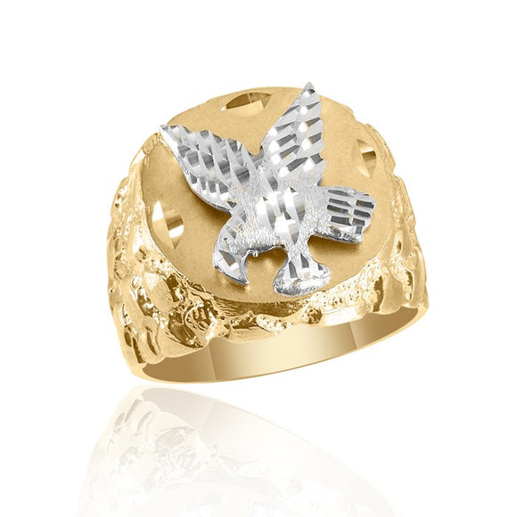 10K Two Tone Men's Eagle Ring with Nugget Pattern