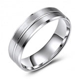 10K White Gold Brushed Finish Wedding Band with Beveled Edge and Stylized Line Cut