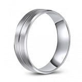 10K White Gold Brushed Finish Wedding Band with Beveled Edge and Stylized Line Cut