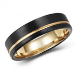 Two-Toned Black-Gold Tungsten Ring Band - Wedding - Recessed Accent - 6mm - Fashion - Brushed Finish - Men's - Unisex - Engravable - Flat MJ-TUR-448-107