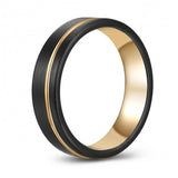 Two-Toned Black-Gold Tungsten Ring Band - Wedding - Recessed Accent - 6mm - Fashion - Brushed Finish - Men's - Unisex - Engravable - Flat MJ-TUR-448-107