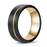 Two-Toned Black-Gold Tungsten Ring Band - Wedding - Recessed Accent - 8mm - Fashion - Brushed Finish - Men's - Unisex - Engravable - Flat MJ-TUR-448-108