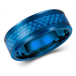 Carbon Fiber Inlaid Blue Tungsten Ring Band - Wedding - 8mm - Fashion - High Polished Finish - Men's - Unisex - Engravable - Flat MJ-TUR-448-113