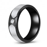 Two-Toned Silver-Black Tungsten Ring Band with Cubic Zirconia - Wedding - 8mm - Fashion - Brushed Finish - Men's - Unisex - Engravable - Flat MJ-TUR-448-114