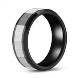 Edgy Black-Silver Two-Toned Tungsten Ring Band - 8mm - Wedding - Fashion - Men's - Unisex - Engravable - Faceted MJ-TUR-448-90