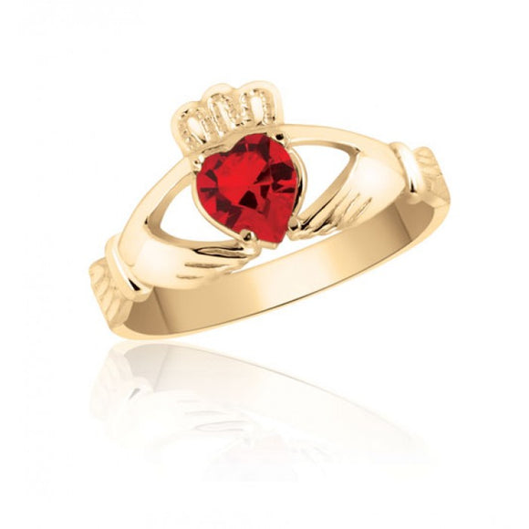 10K Yellow Gold Claddagh Ring with Red Heart Stone