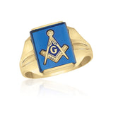 Blue Spinel Rectangle Masonic Fraternity Ring in 10K Yellow Gold 55MJB890955