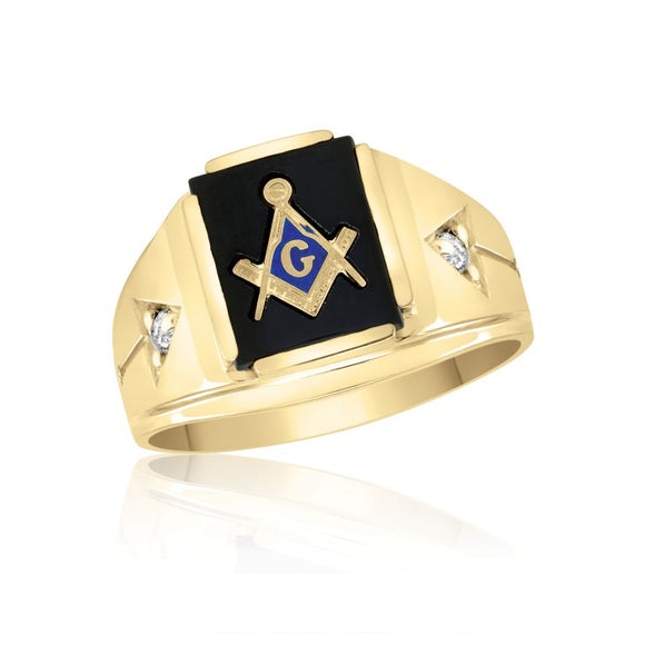 10K Yellow Gold Masonic Fraternity Ring with Black Onyx and Cubic Zirconia 55MJB891455