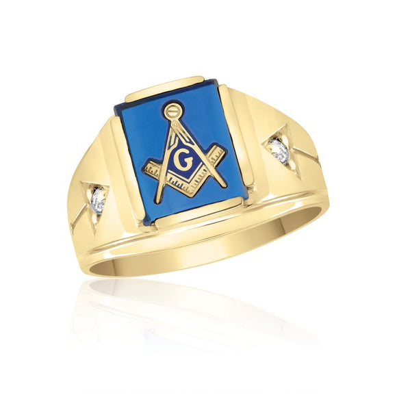 10K Yellow Gold Masonic Fraternity Ring with Blue Spinel and Cubic Zirconias 55MJB891555