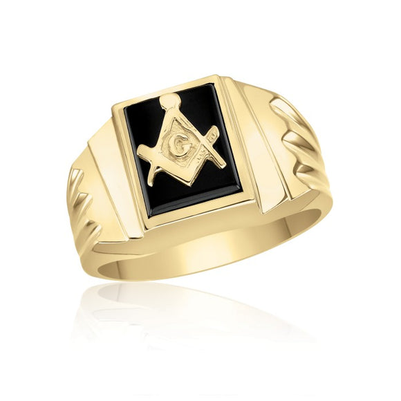 Offset Fluted 10K Yellow Gold Masonic Fraternity Ring with Black Onyx 55MJB892355