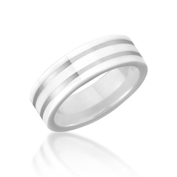 White Ceramic and Tungsten Striped Wedding or Fashion Ring 66TUR-4483566