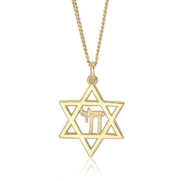 Necklaces,10K Yellow Gold Jewish Star Chai Pendant